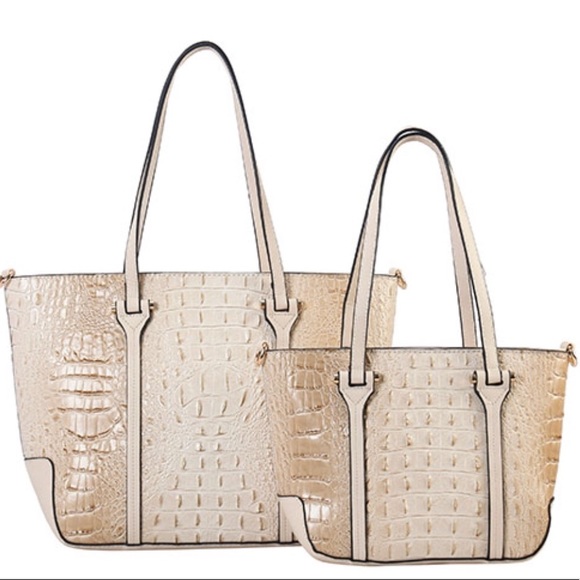 Handbags - Beige 2 In 1 Croc Faux Leather Bag Set
